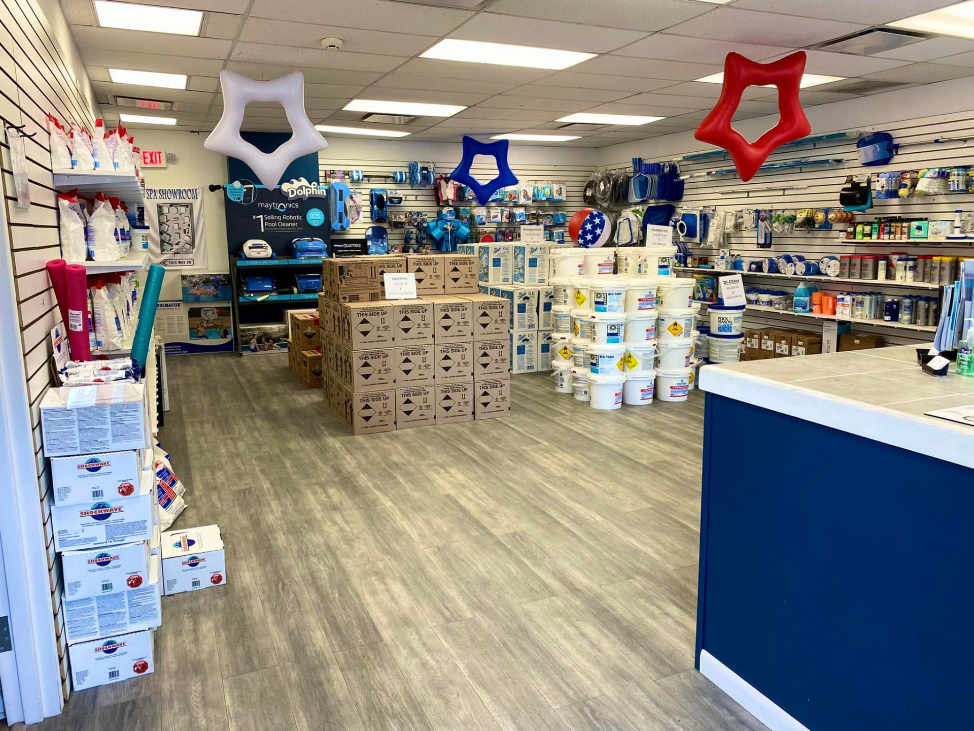 Inside the Island Pools & Spa retail store in Englewood, NJ, stocked with chemicals, floats and cleaning supplies