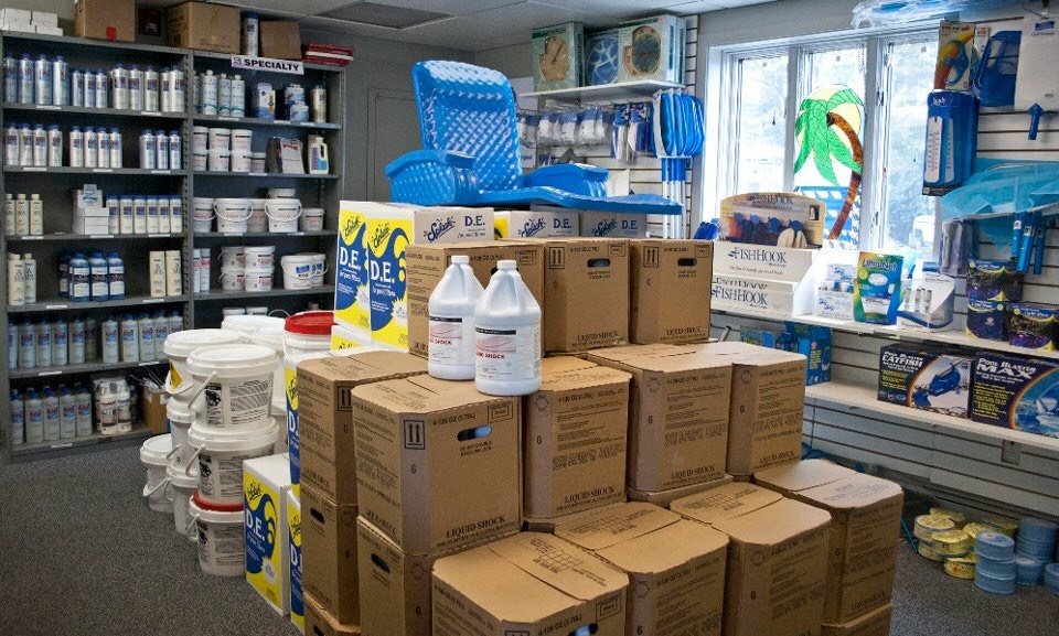 Pool and spa chemicals stocked on the shelves at Island Pool & Spa
