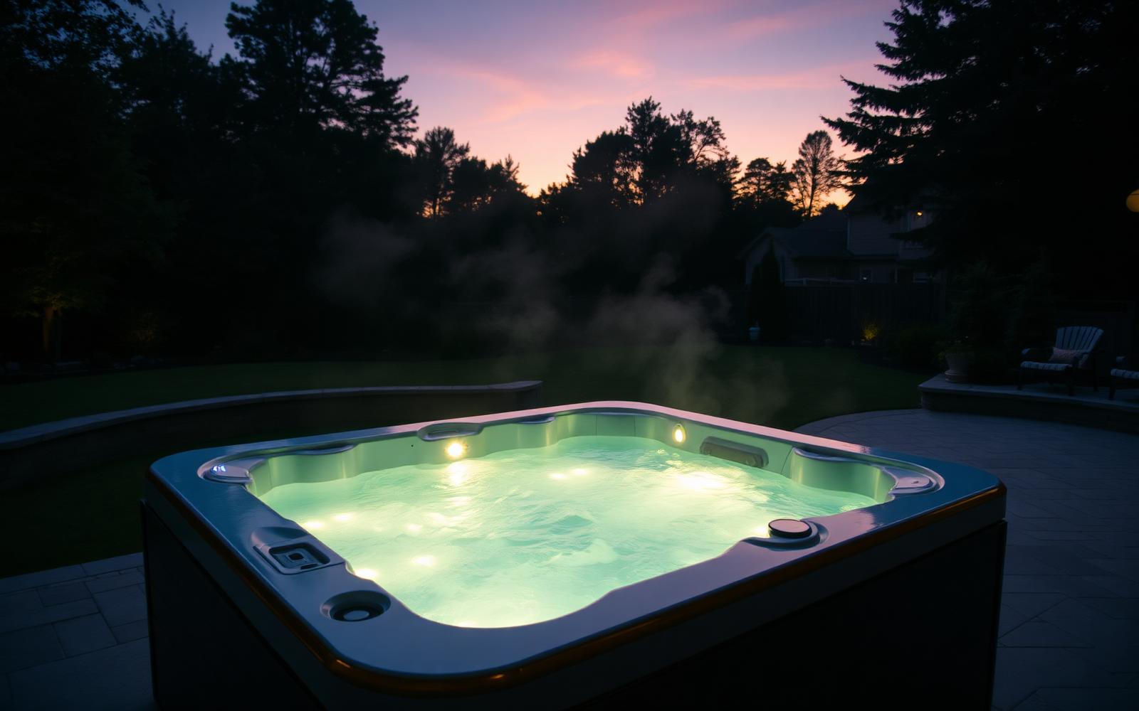 Hot tub glowing at night, installed by Island Pools
